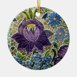 Folk Art Embroidery Flowers Ceramic Ornament