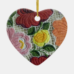 Folk Art Embroidery Flowers Ceramic Tree Decoration