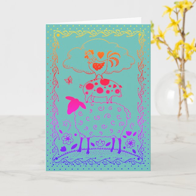 FOLK ART FARM ANIMALS SHEEP, PIG, ROOSTER Blank Card (Yellow Flower)