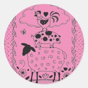 FOLK ART FARM ANIMALS SHEEP, PIG, ROOSTER CLASSIC ROUND STICKER