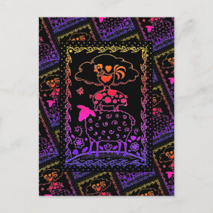 FOLK ART FARM ANIMALS SHEEP PIG ROOSTER Primitive Postcard