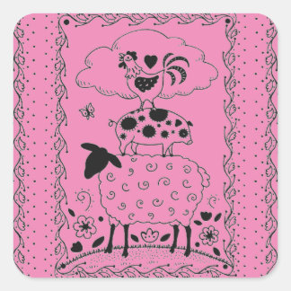 FOLK ART FARM ANIMALS SHEEP, PIG, ROOSTER SQUARE STICKER