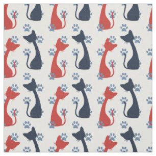 Folk Art Farmhouse Cats - Barn Red & Navy Fabric