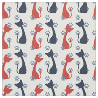 Folk Art Farmhouse Cats - Barn Red & Navy Fabric