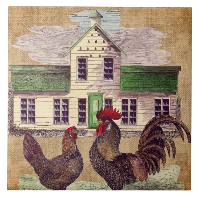Folk Art Farmyard Chickens Rustic Design Tile (Front)