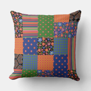 Folk Art Faux Patchwork, Floral, Polkas, Checks Cushion