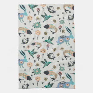 Folk art fish, turtle, lizard, bird, rabbit tea towel