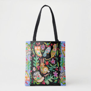 Folk Art Floral Animal Friends Black Customisable Tote Bag