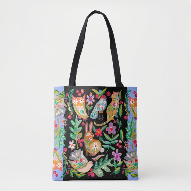 Folk Art Floral Animal Friends Black Customisable Tote Bag (Front)