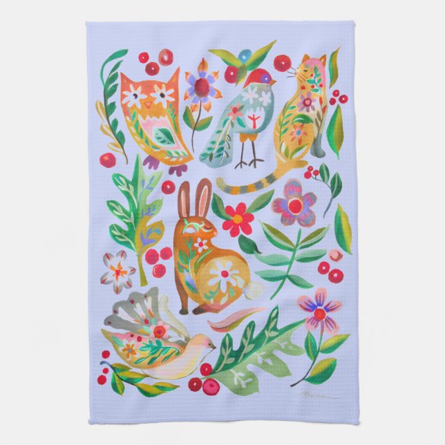 Folk Art Floral Animal Friends Pale Blue Tea Towel (Vertical)