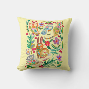 Folk Art Floral Animal Friends Pale Yellow Cushion