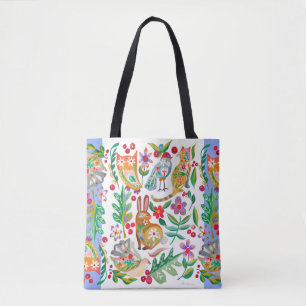 Folk Art Floral Animal Friends White Customisable  Tote Bag