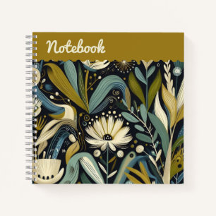 Folk Art Floral & Bird Teal Wildflowers Top label Notebook