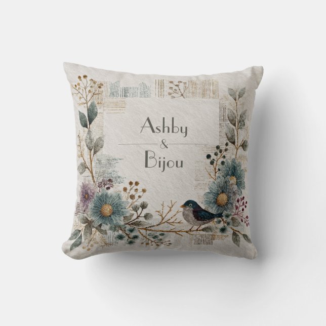 Folk Art Floral Bird Wedding  Cushion (Front)