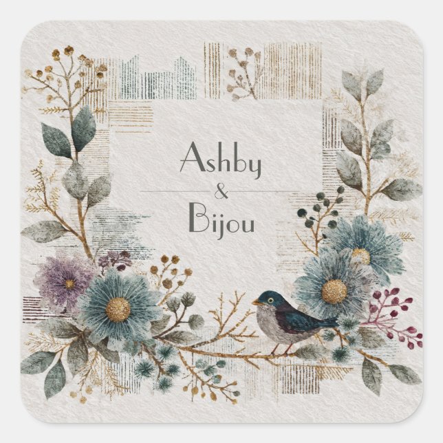 Folk Art Floral Bird Wedding  Square Sticker (Front)