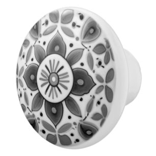 Folk Art Floral Black and White Flower Ceramic Knob