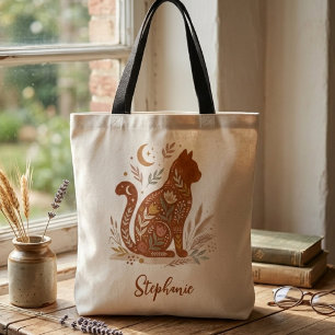 Folk Art Floral Cat Celestial Moon Mama Gift Tote Bag