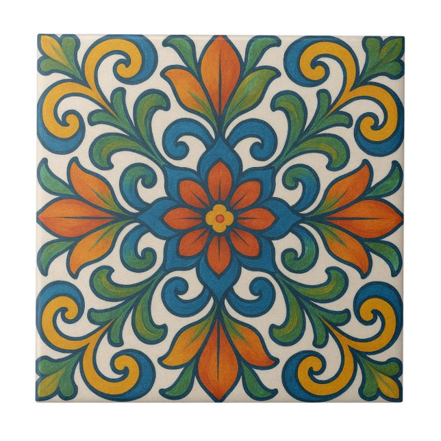 Folk Art Floral Ceramic Tile (Front)
