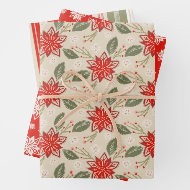Folk Art Floral Christmas Poinsettia Set of 3 Wrapping Paper Sheet (In situ)