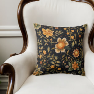 Folk Art Floral Dark Green with Golden Flowers Cushion