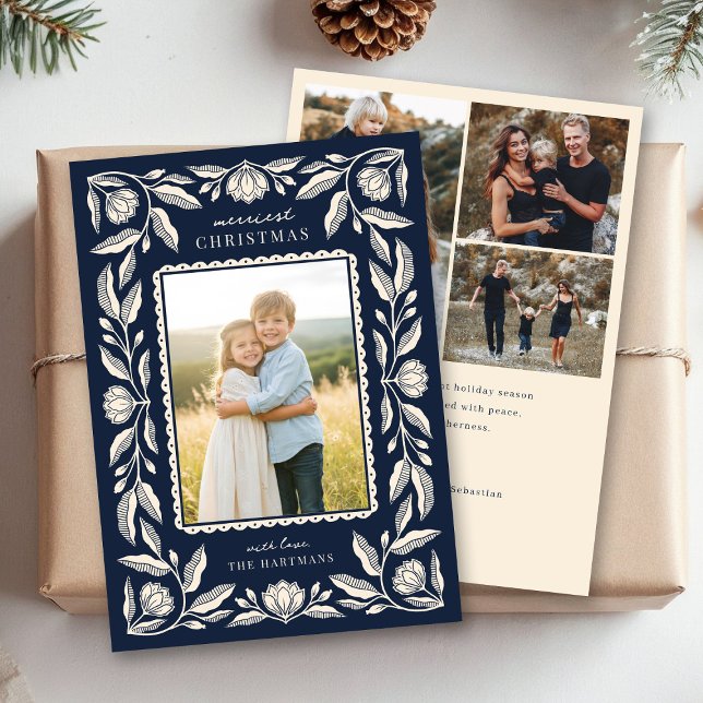 Folk Art Floral Frame Christmas 4 Photo Holiday Card (Creator Uploaded)