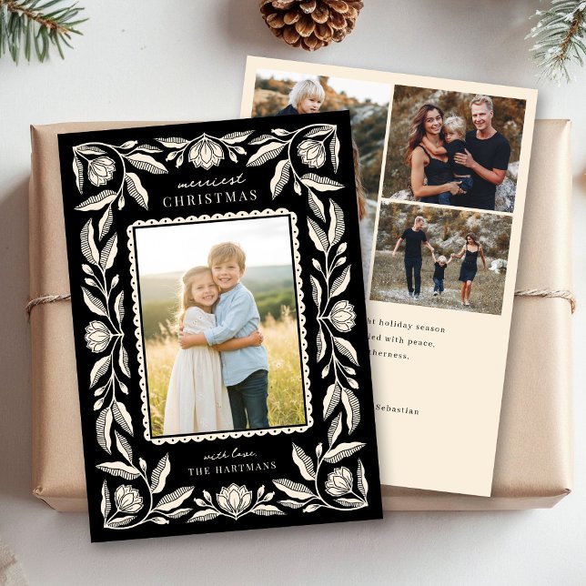 Folk Art Floral Frame Christmas 4 Photo Holiday Card (Creator Uploaded)