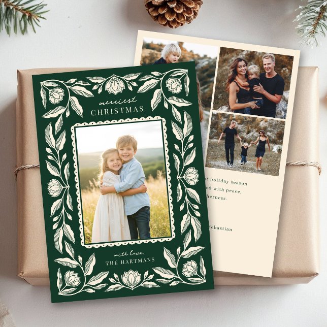 Folk Art Floral Frame Christmas 4 Photo Holiday Card (Creator Uploaded)