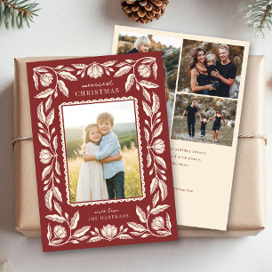 Folk Art Floral Frame Christmas 4 Photo Holiday Card