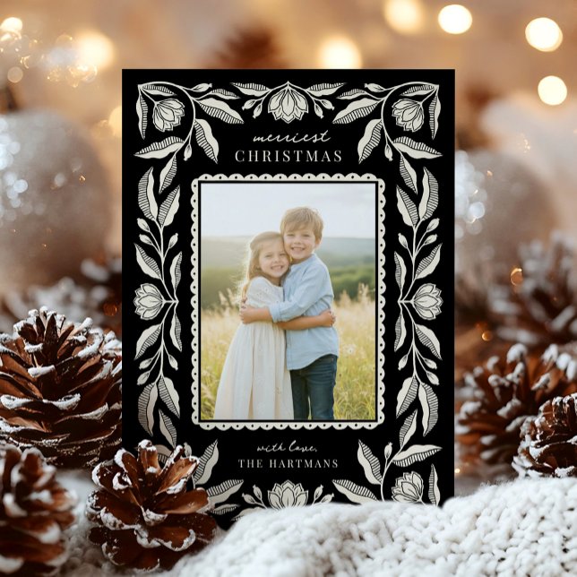 Folk Art Floral Frame Christmas Photo Holiday Card (Creator Uploaded)