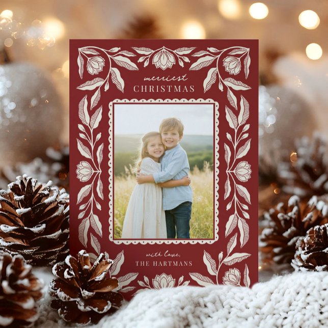 Folk Art Floral Frame Christmas Photo Holiday Card (Creator Uploaded)