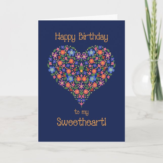 Folk Art Floral Heart Birthday Card for Sweetheart (Front)