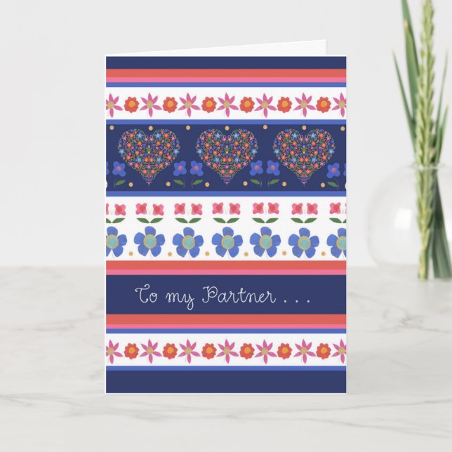Folk Art Floral Hearts Birthday Card for Partner (Front)