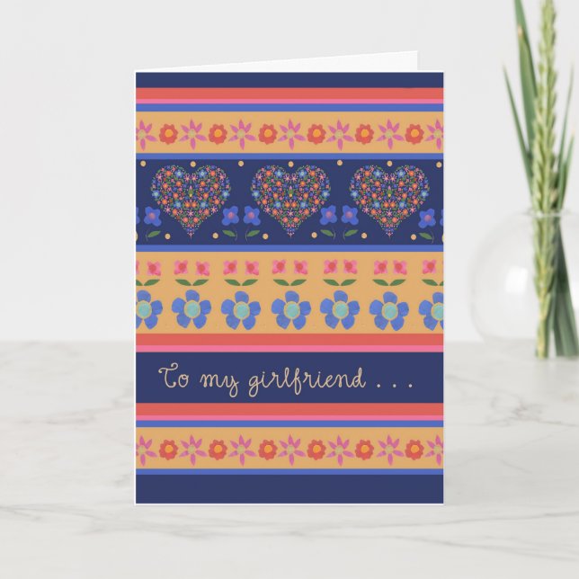 Folk Art Floral Hearts Birthday Card, Girlfriend Card (Front)