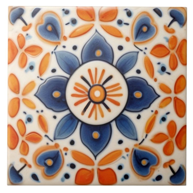 Folk Art Floral Orange & Blue Flower Ceramic Tile (Front)