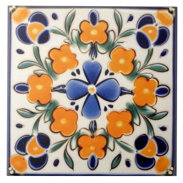 Folk Art Floral Orange & Blue Flowers Ceramic Tile (Front)