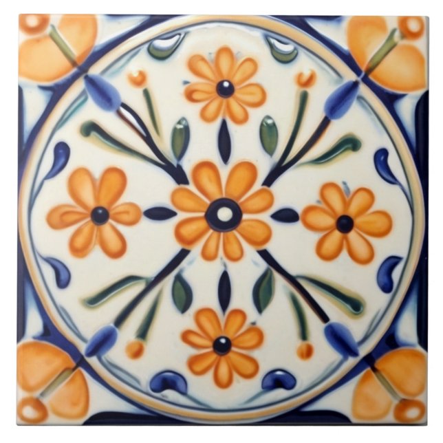 Folk Art Floral Orange Flowers Blue Circle Ceramic Tile (Front)