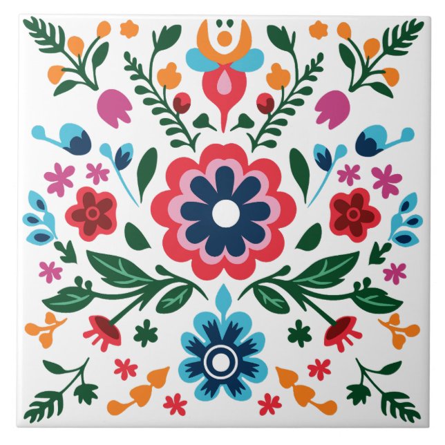 Folk Art Floral Pattern Colourful Flowers Ceramic Tile (Front)