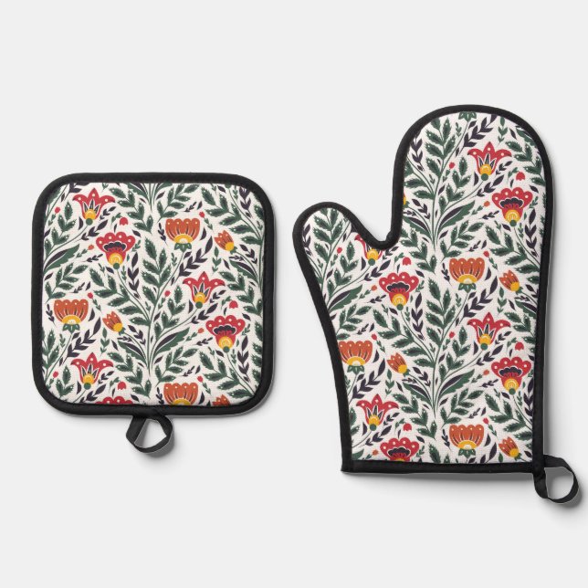 Folk art floral pattern oven mitt & pot holder set (Front)