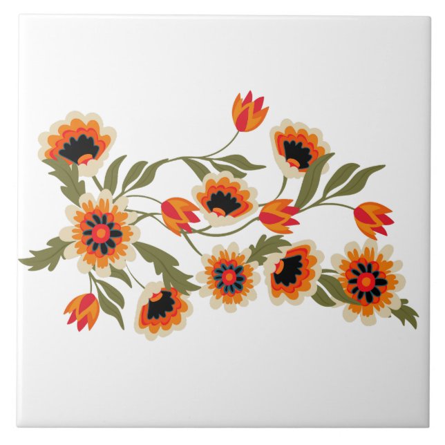Folk Art Floral Pattern Red Orange Green Botanical Ceramic Tile (Front)