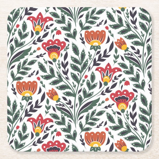 Folk art floral pattern square paper coaster (Front)