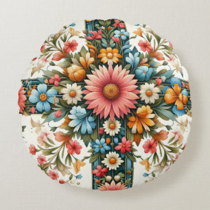 Folk Art Floral Round Pillow - Colourful Boho