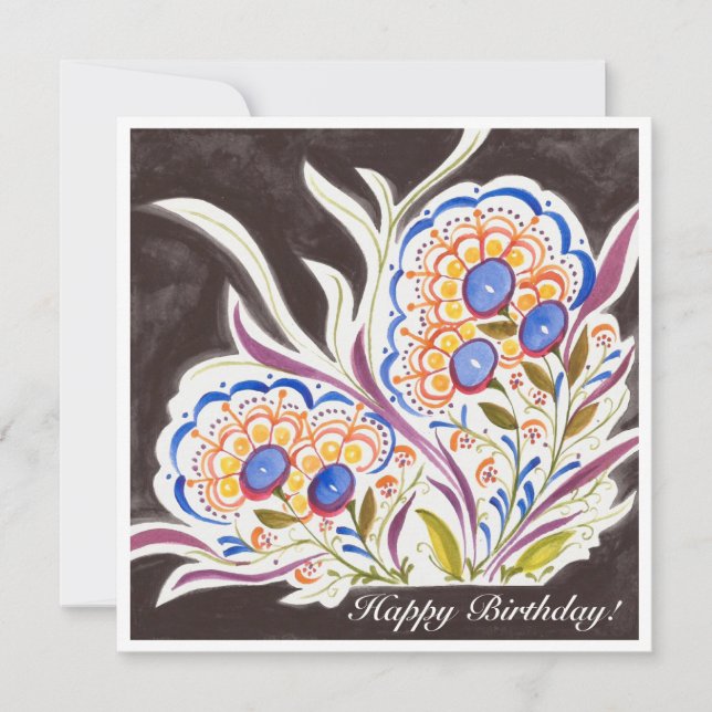 Folk Art Floral Square Unfolded Birthday Card (Front)