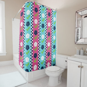 Folk Art Floral Stripe Chequerboard in Pink & Aqua Shower Curtain
