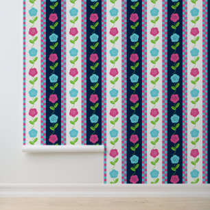 Folk Art Floral Stripe Chequerboard - Navy & White Wallpaper