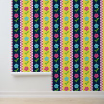 Folk Art Floral Stripe Chequerboard - Yellow Navy