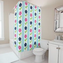 Folk Art Floral Stripe - Navy Hot Pink Aqua