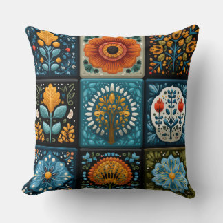 Folk Art Floral Tile Pattern Decorative Throw Pill Cushion