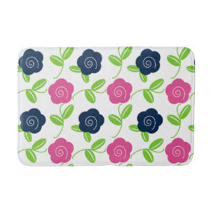 Folk Art Floral Toss in Navy & Hot Pink on White Bath Mat