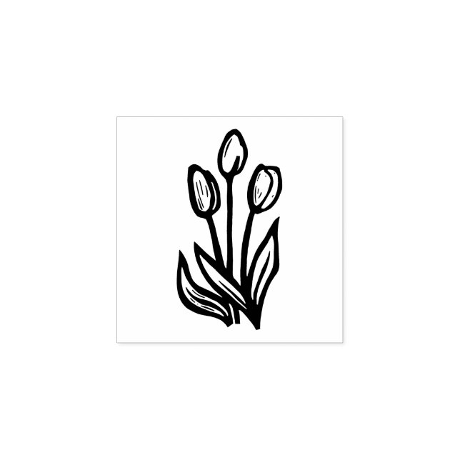 Folk Art Floral Tulips Spring Linocut Style  Rubber Stamp (Imprint)