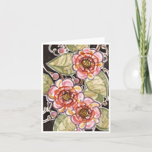 Folk Art Floral Watercolor Notecard (Front)